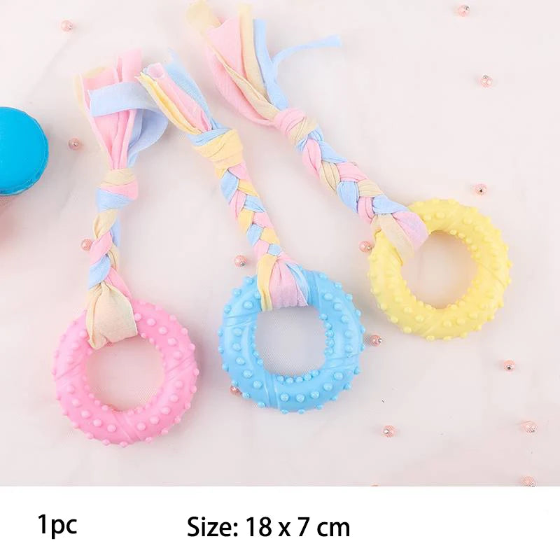 chew toys for small dogs | durable rubber knot design | bite resistant | molar teeth cleaning | interactive training | pink/blue/yellow | pet accessories | uk
