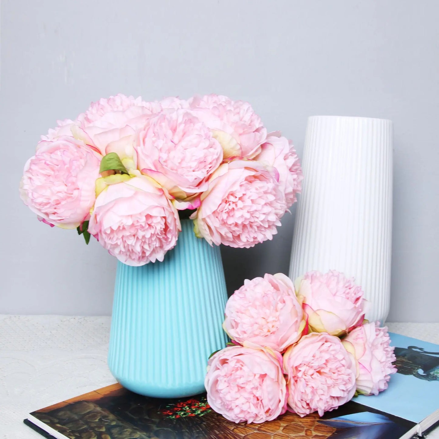 artificial peony bouquet 5 heads silk flowers for home office wedding party decor – white, pink, blue, rose red