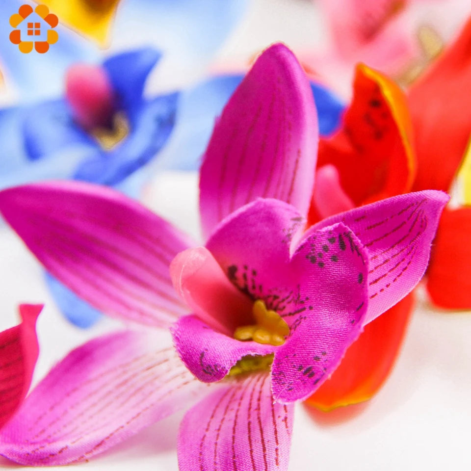 artificial orchid flower heads 7.5cm, silk decoration for home wedding, diy craft, 10/20/30pcs assorted colours, gift scrapbooking decorative floral design