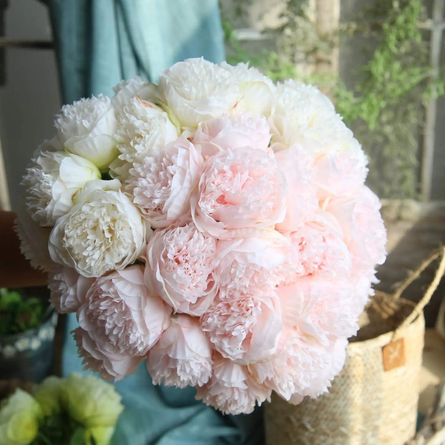 artificial peony bouquet 5 heads silk flowers for home office wedding party decor – white, pink, blue, rose red