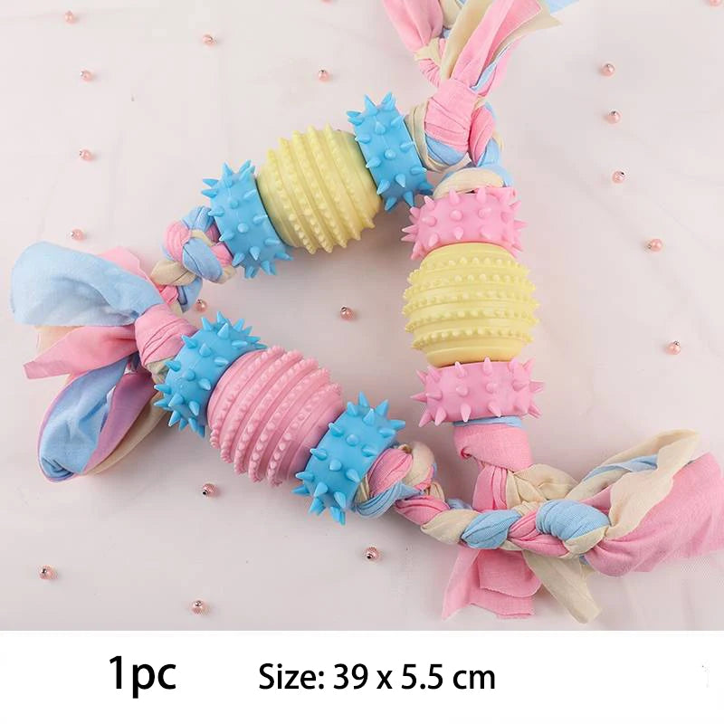 chew toys for small dogs | durable rubber knot design | bite resistant | molar teeth cleaning | interactive training | pink/blue/yellow | pet accessories | uk