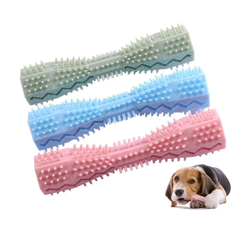 eco-friendly dental chew toy for small dogs, soft tpr rubber toothbrush stick, treat dispensing, plaque removal, interactive play, vibrant blue, pink, green