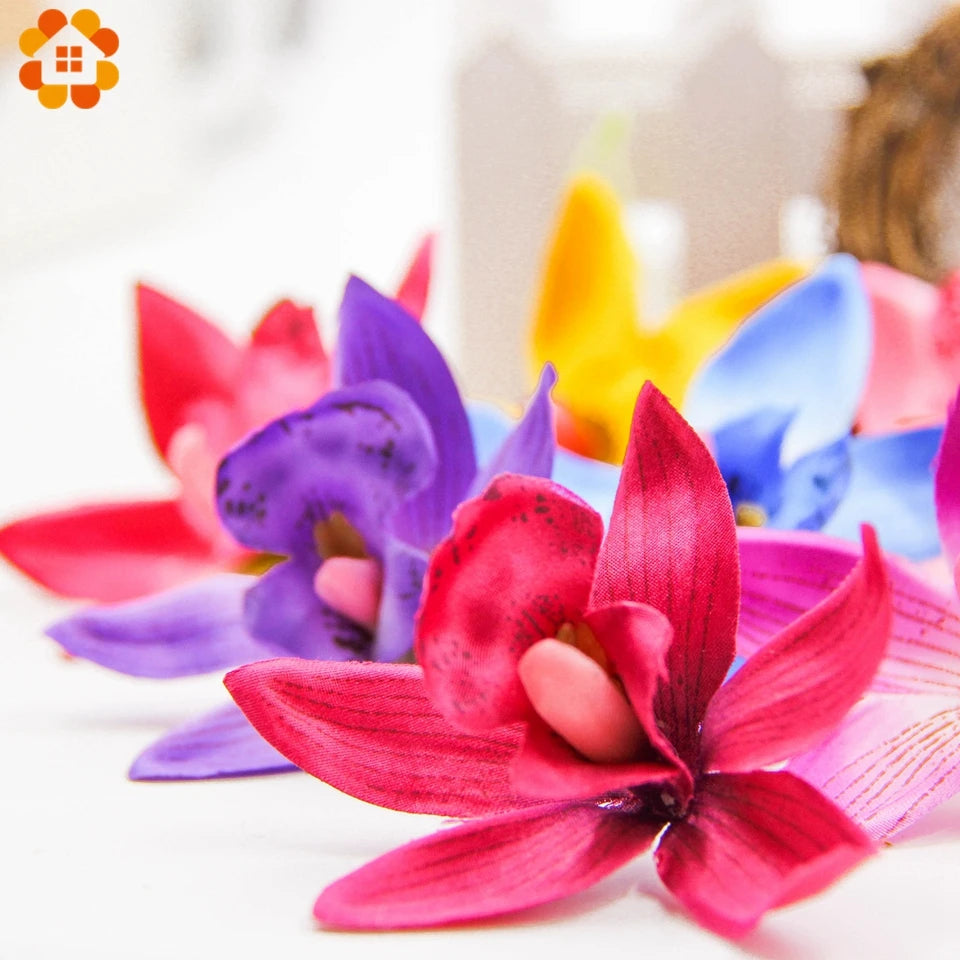 artificial orchid flower heads 7.5cm, silk decoration for home wedding, diy craft, 10/20/30pcs assorted colours, gift scrapbooking decorative floral design