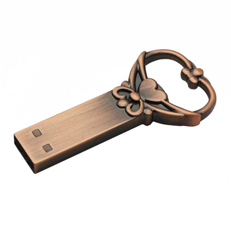 heart shaped copper usb flash drive 128gb | retro style metal memory stick | 64gb love heart key design | creative storage gift | usb 2.0 external data pen drive