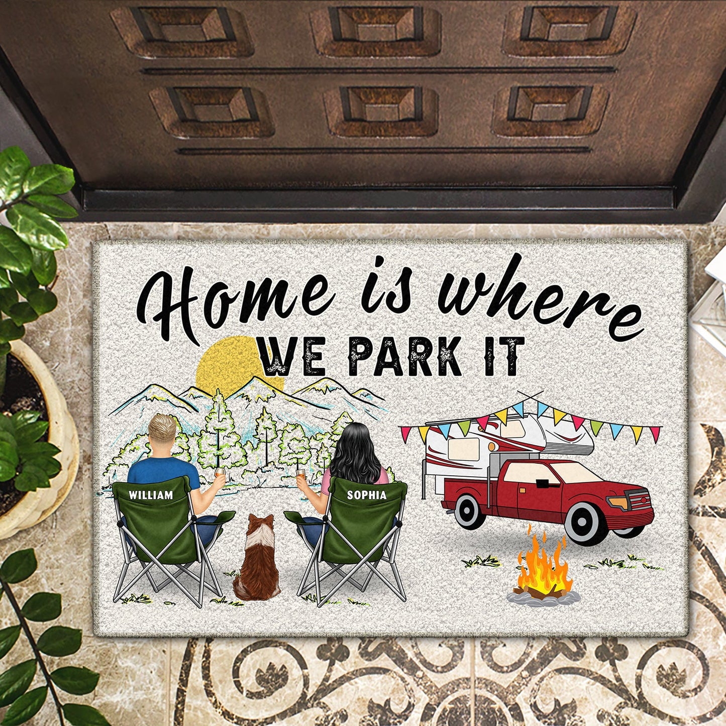 home is where we park it you and me and the dogs doormat - gift for camping lovers - rubber base non-slip welcome mat