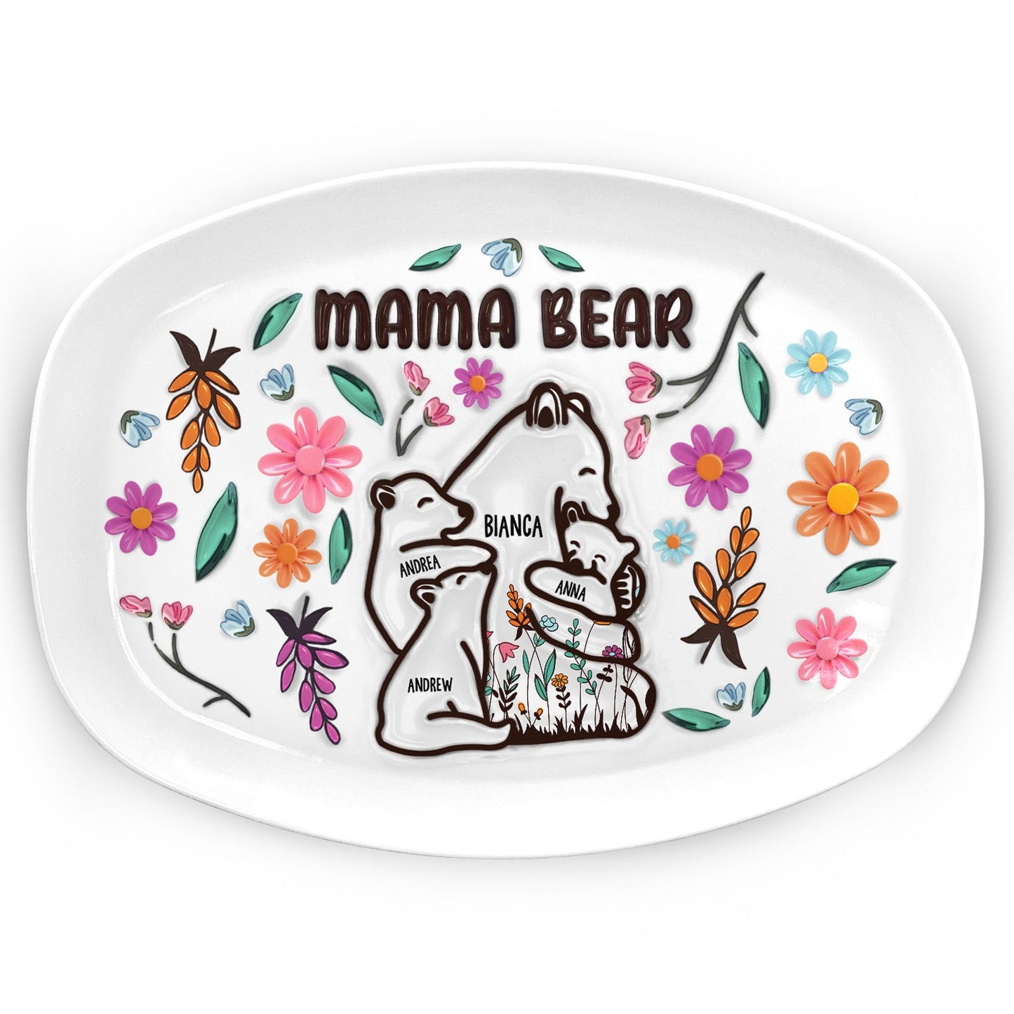 mama bear floral style plate - loving gift for mom, grandma - 3d inflated effect printed decorative serving platter, bpa-free plastic, unique birthday present