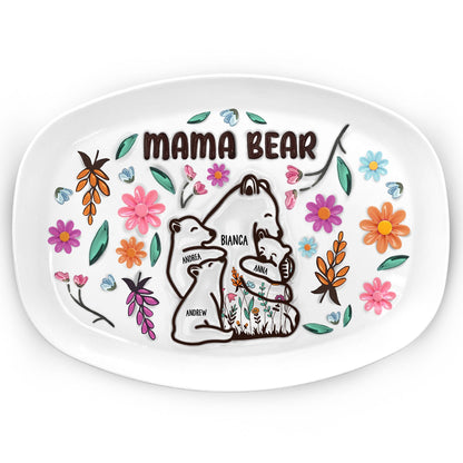 Mama Bear Floral Style Plate - Loving Gift For Mom, Grandma - 3D Inflated Effect Printed Decorative Serving Platter, BPA-Free Plastic, Unique Birthday Present
