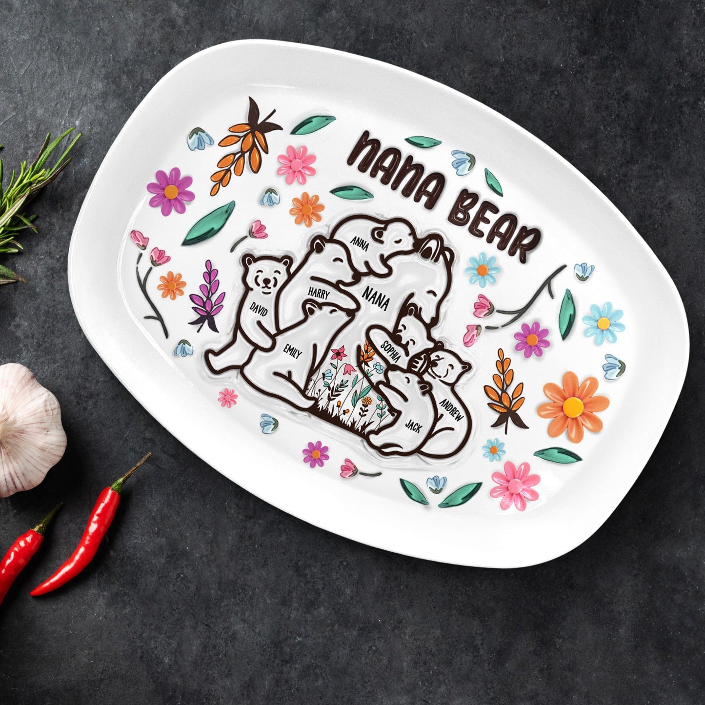 mama bear floral style plate - loving gift for mom, grandma - 3d inflated effect printed decorative serving platter, bpa-free plastic, unique birthday present
