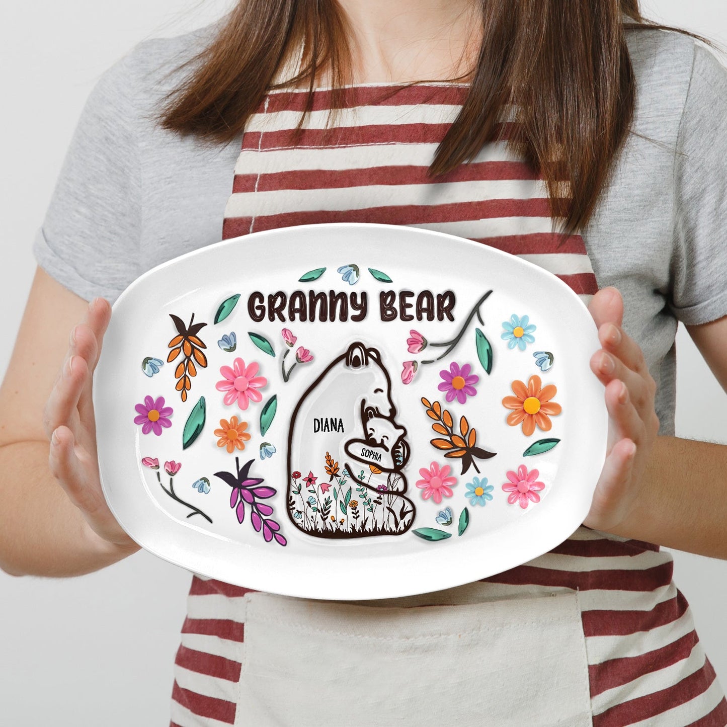 mama bear floral style plate - loving gift for mom, grandma - 3d inflated effect printed decorative serving platter, bpa-free plastic, unique birthday present