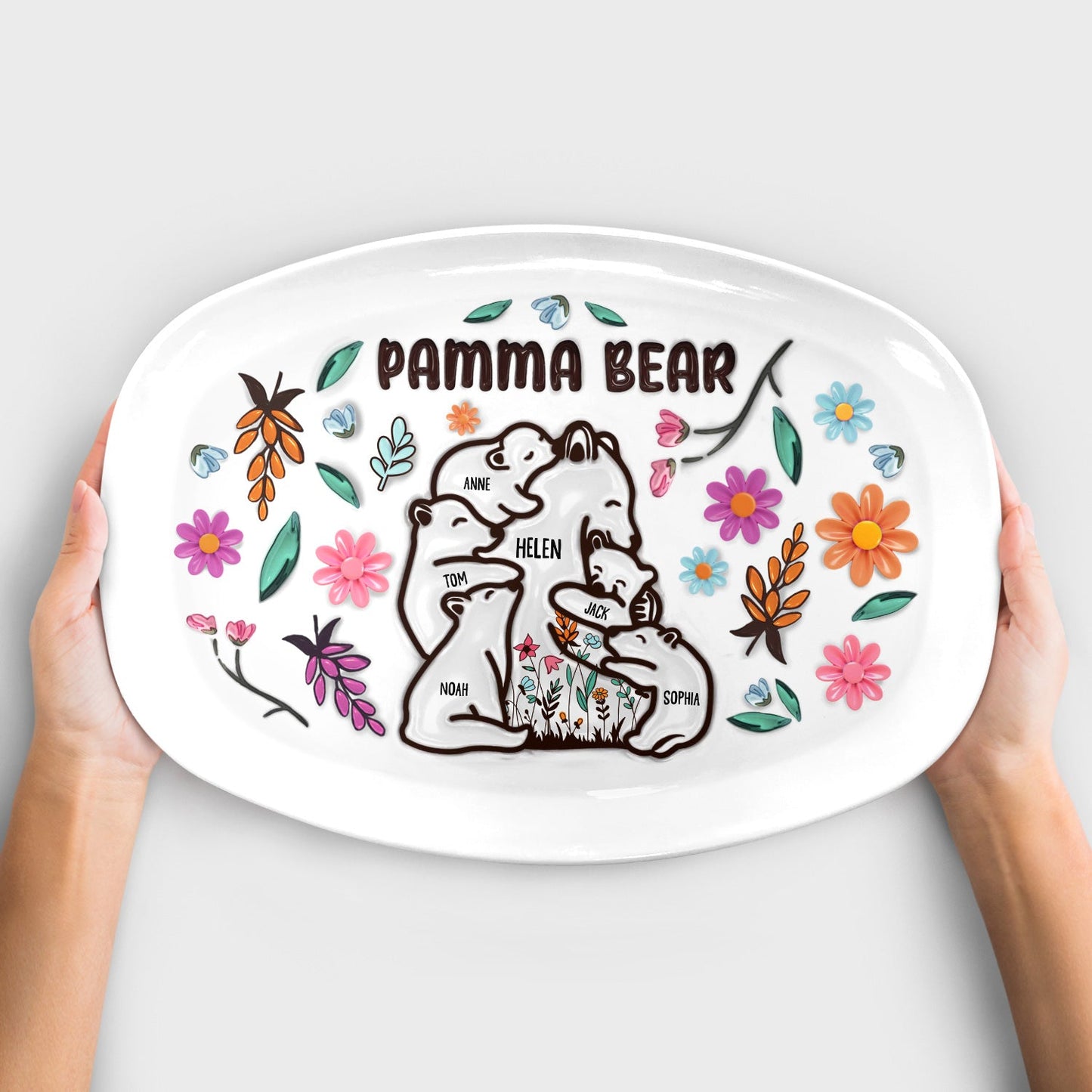 mama bear floral style plate - loving gift for mom, grandma - 3d inflated effect printed decorative serving platter, bpa-free plastic, unique birthday present