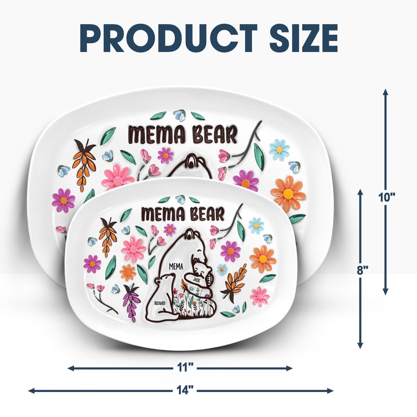 mama bear floral style plate - loving gift for mom, grandma - 3d inflated effect printed decorative serving platter, bpa-free plastic, unique birthday present
