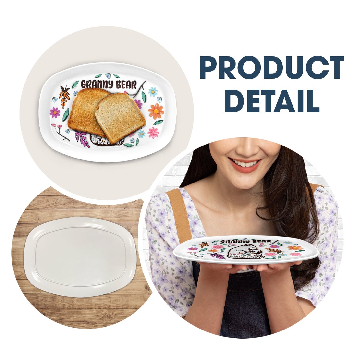 mama bear floral style plate - loving gift for mom, grandma - 3d inflated effect printed decorative serving platter, bpa-free plastic, unique birthday present
