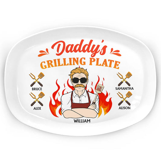 Daddy Grilling Plate Fire Cartoon - Fun Plate for Dads