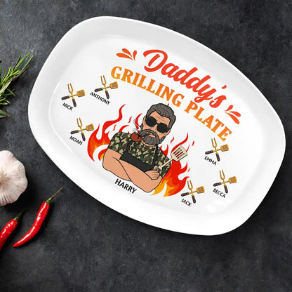 Daddy Grilling Plate Fire Cartoon - Fun Plate for Dads
