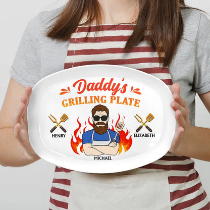 Daddy Grilling Plate Fire Cartoon - Fun Plate for Dads