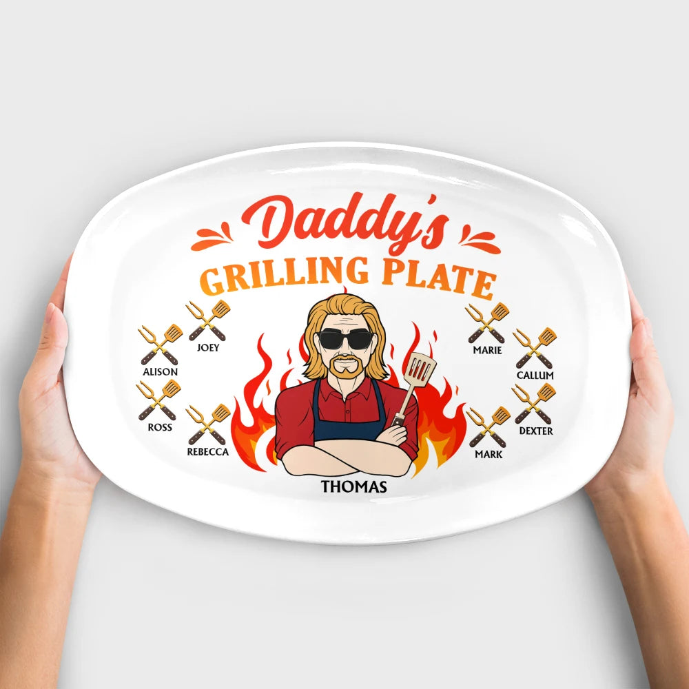 daddy grilling plate fire cartoon - fun plate for dads