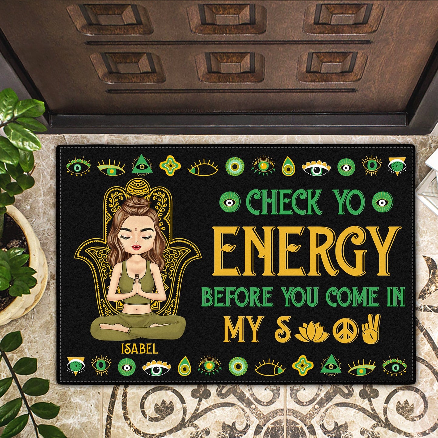 please be mindful of the energy you bring into this space doormat - loving gift for women and yoga lovers - rubber base non-slip welcome mat
