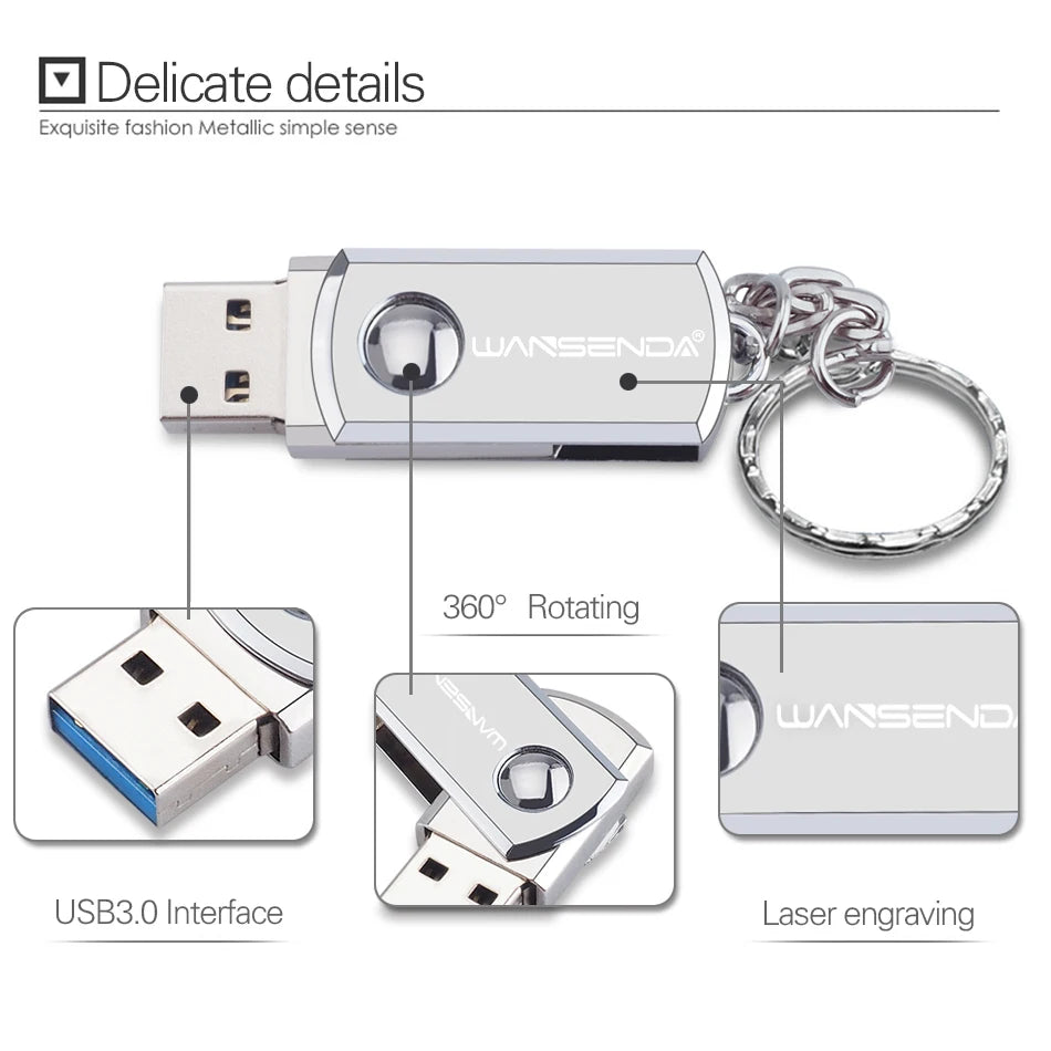 usb 3.0 flash drive, metal memory stick, keychain pen drive, rotating design, 16gb, 32gb, 64gb, 128gb, 256gb storage options, high-speed data transfer