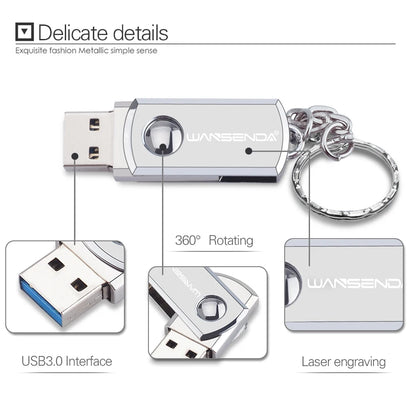 USB 3.0 Flash Drive, Metal Memory Stick, Keychain Pen Drive, Rotating Design, 16GB, 32GB, 64GB, 128GB, 256GB Storage Options, High-Speed Data Transfer