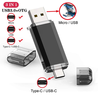 "3-in-1 USB 3.0 & Type C OTG Flash Drive, 32GB-512GB High-Speed Metal USB Stick, Multifunctional Pen Drive for PC, Smartphone & Tablet"