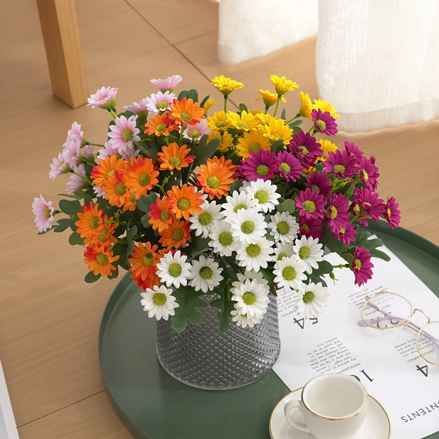 silk daisy artificial flowers bouquet for bridal shower, wedding, home, garden decor, autumn party, outdoor venue embellishment, craft projects, no wilt, easy care