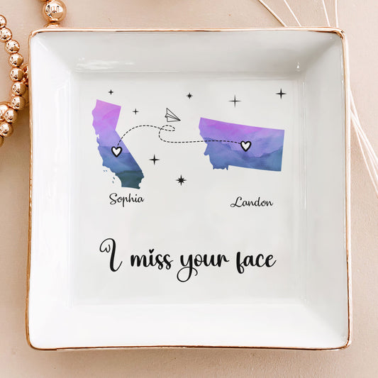 I Miss Your Face - Personalized Jewelry Dish for Best Friends - Long-Distance Friendship Gift - Ceramic Ring and Earring Holder - Thoughtful Gift for Her