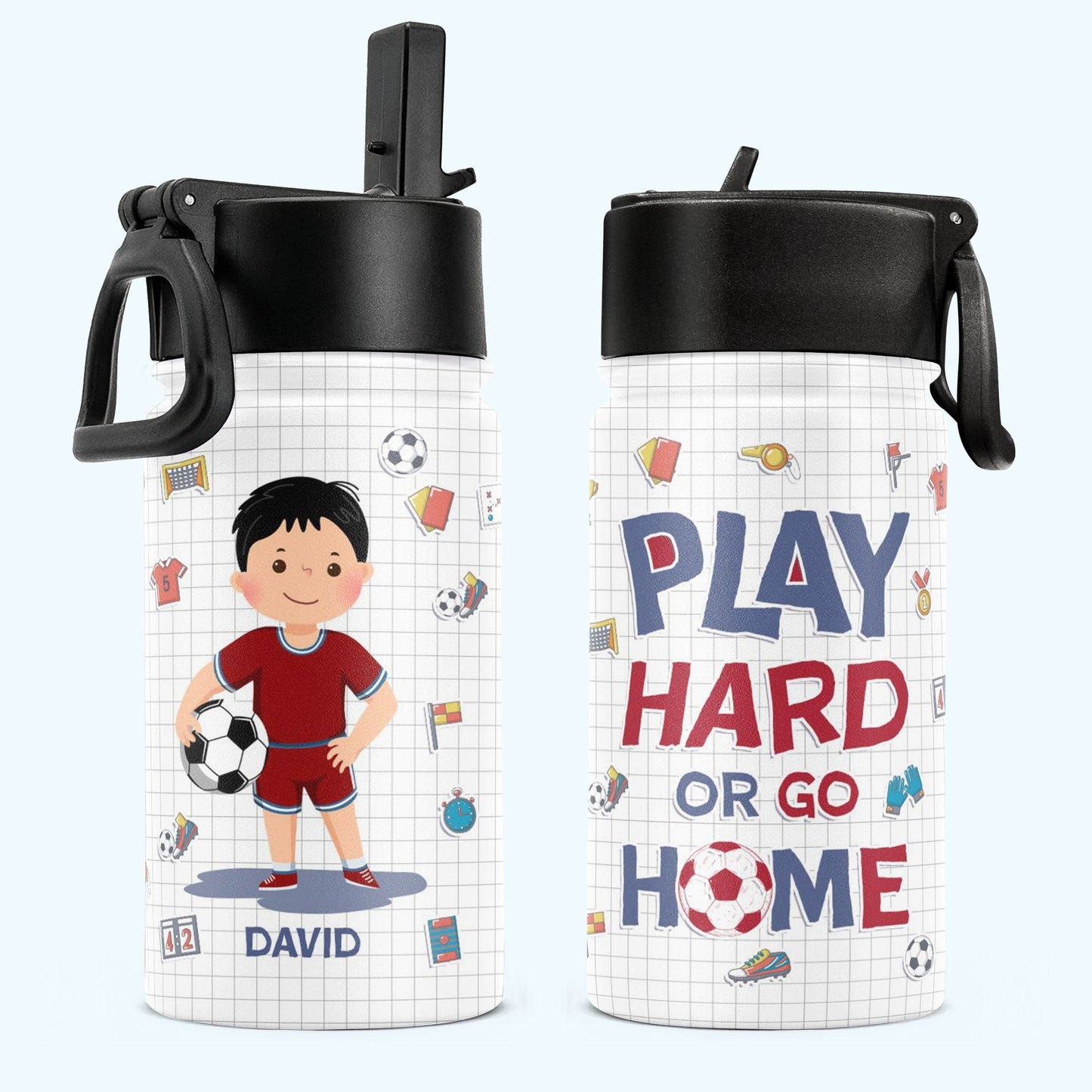 ice soccer play hard or go home - kids water bottle with straw lid, personalised stainless steel drink bottle for boys and girls, leak-proof 350ml capacity