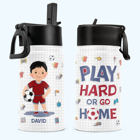 Ice Soccer Play Hard Or Go Home - Kids Water Bottle With Straw Lid, Personalised Stainless Steel Drink Bottle for Boys and Girls, Leak-Proof 350ml Capacity