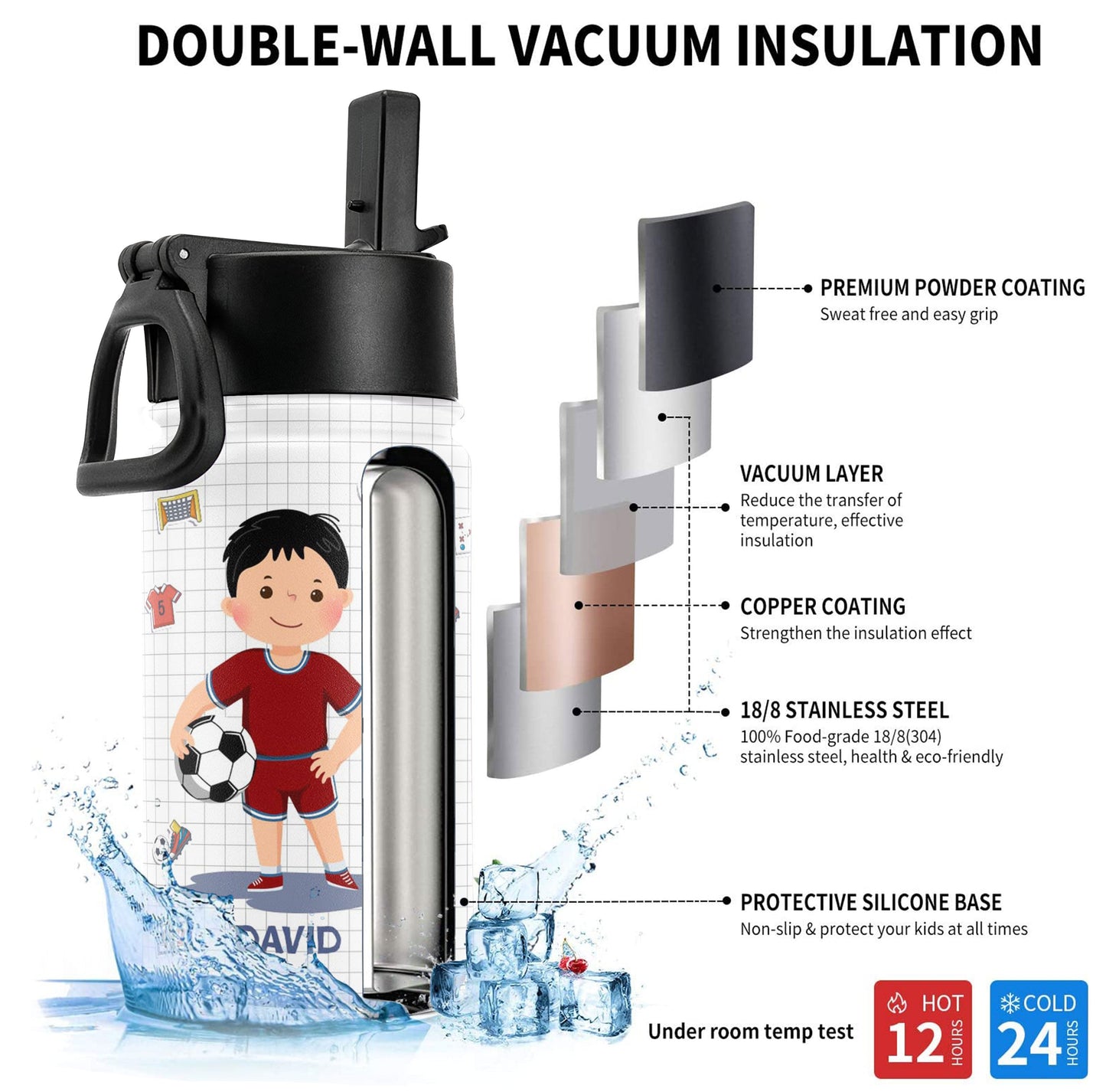 ice soccer play hard or go home - kids water bottle with straw lid, personalised stainless steel drink bottle for boys and girls, leak-proof 350ml capacity