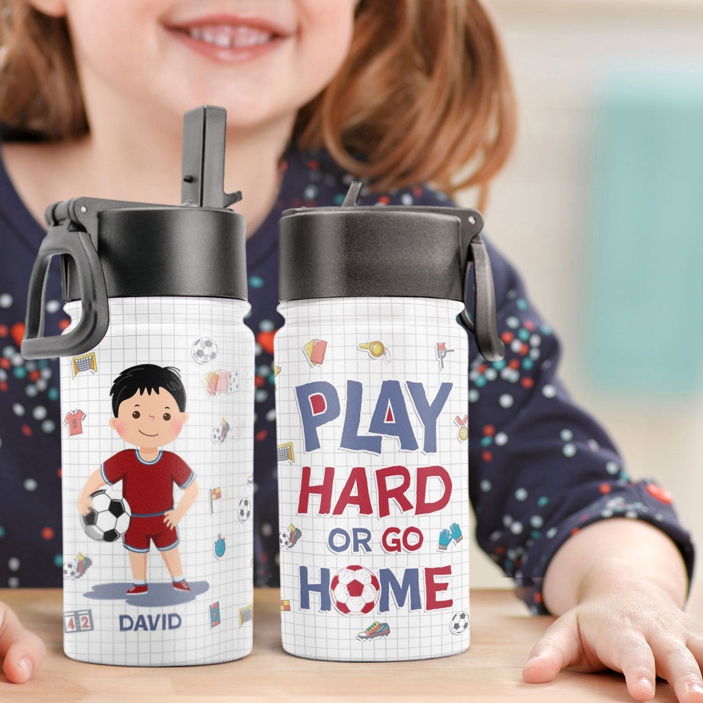 ice soccer play hard or go home - kids water bottle with straw lid, personalised stainless steel drink bottle for boys and girls, leak-proof 350ml capacity