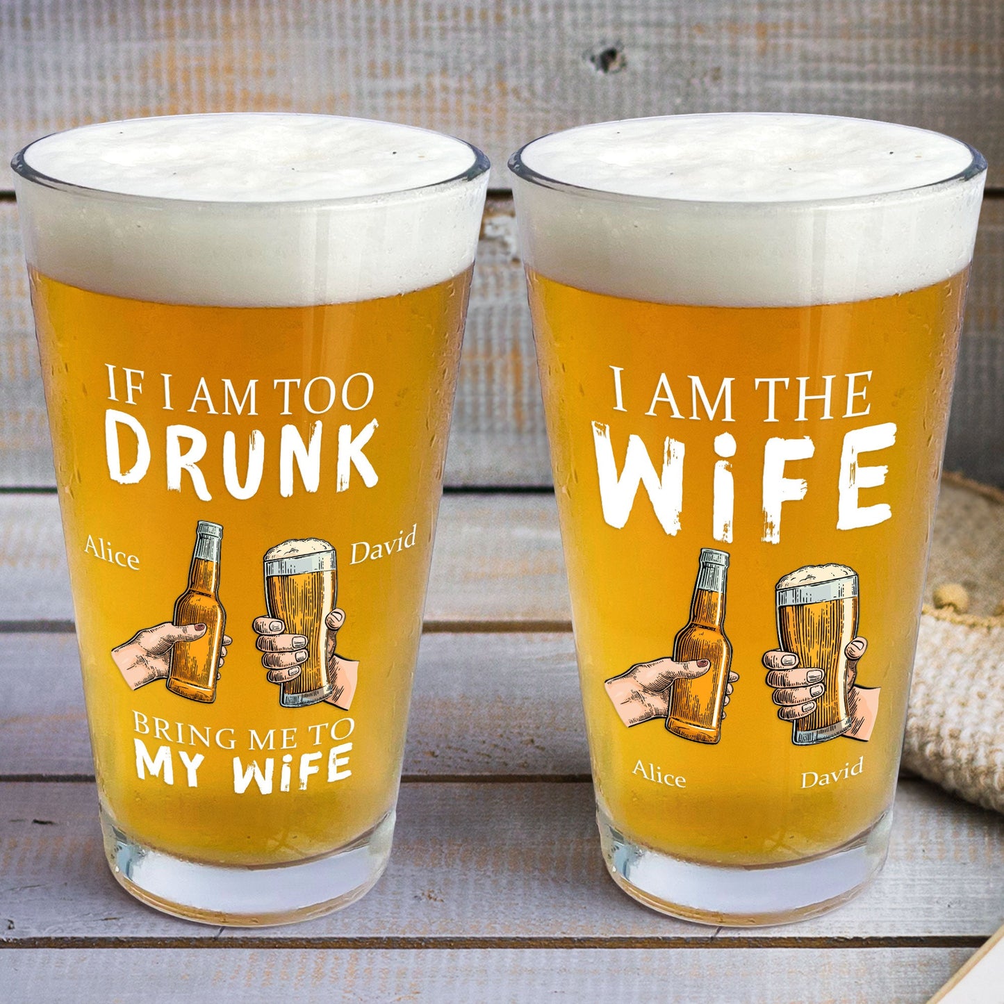 personalized beer glass if i am too drunk bring me to - funny gift for couples, wedding beer glass for husband and wife, 16oz high-quality glass