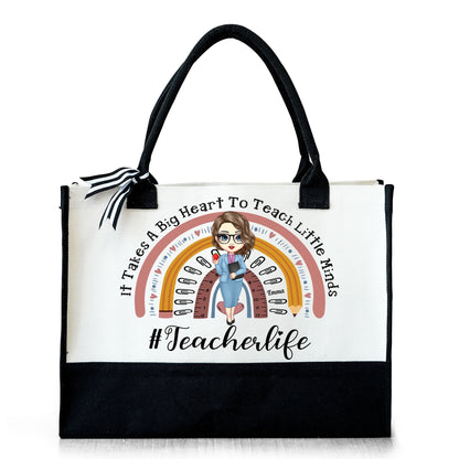It Takes A Big Heart To Shape Little Minds Teacher Canvas Tote Bag - Teacher Appreciation Gift, Rainbow Design, Stylish and Practical, Ideal Back To School Present