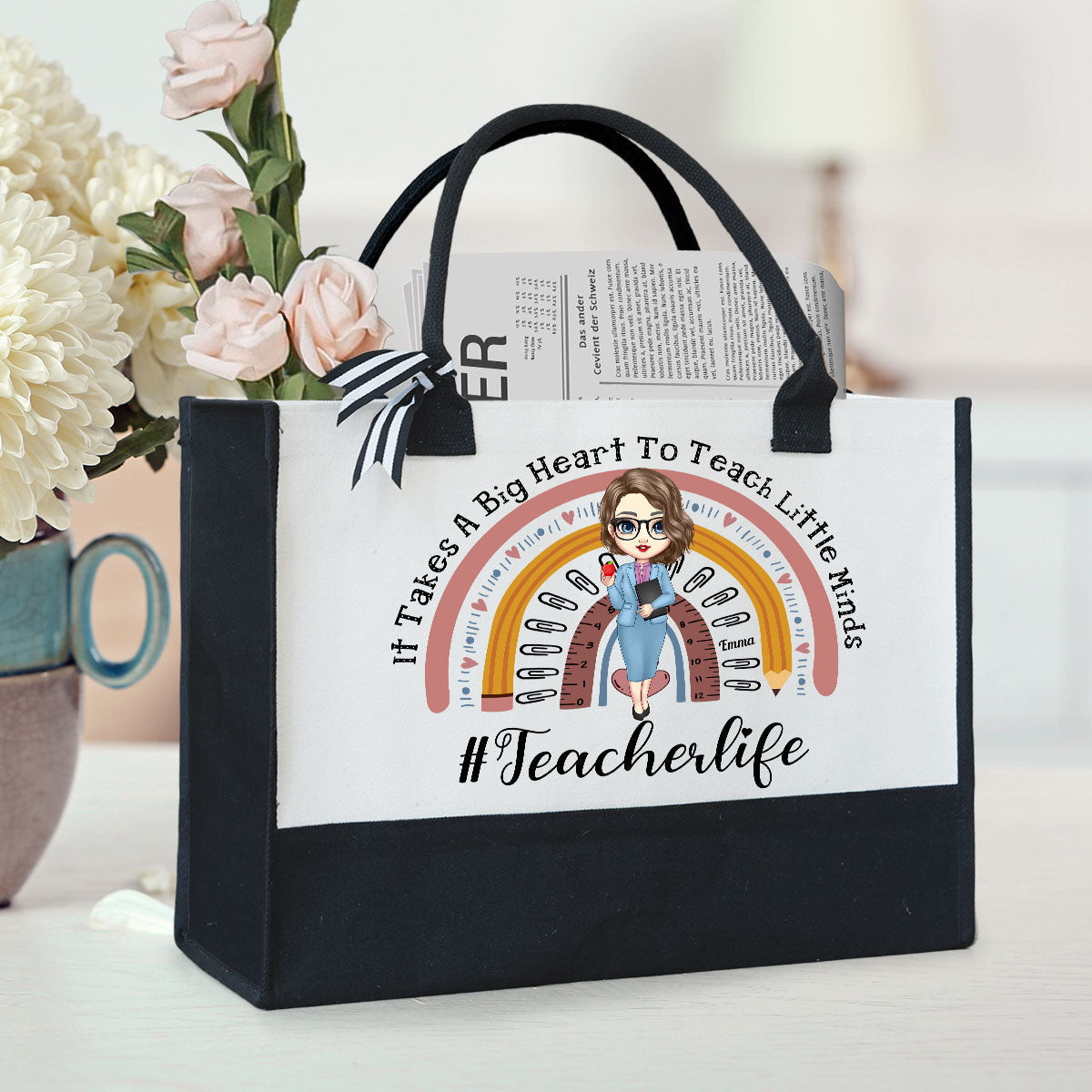 it takes a big heart to shape little minds teacher canvas tote bag - teacher appreciation gift, rainbow design, stylish and practical, ideal back to school present