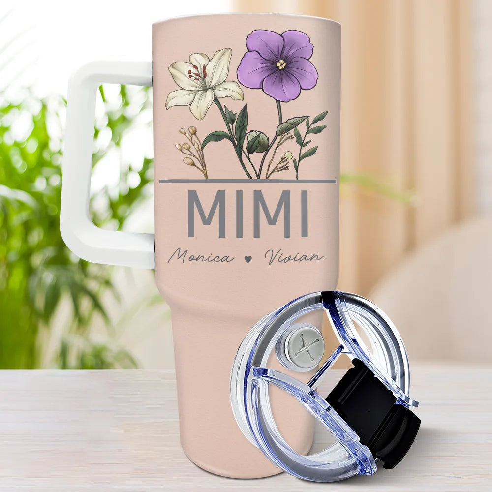 nana grandma mom birth flowers - 40oz tumbler with straw, insulated, durable stainless steel, ideal gift for women, mother's day, anniversaries, birthdays
