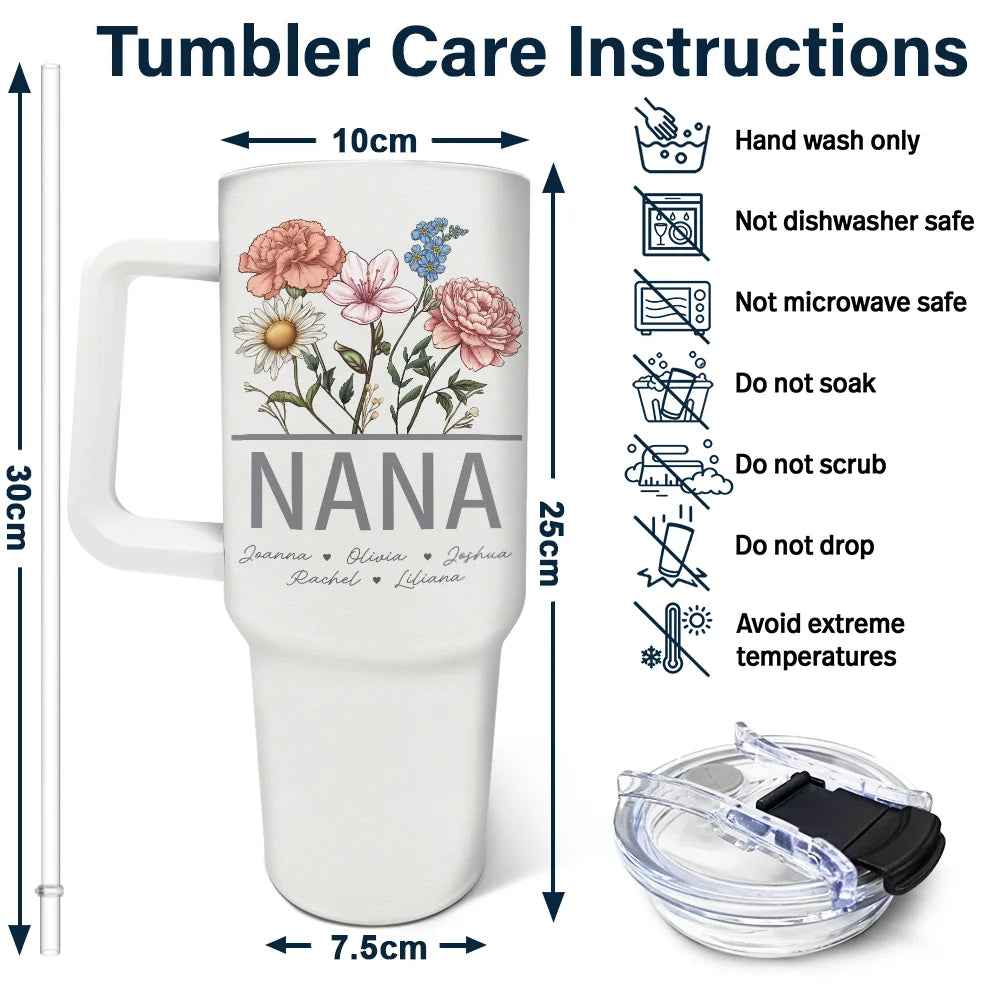 nana grandma mom birth flowers - 40oz tumbler with straw, insulated, durable stainless steel, ideal gift for women, mother's day, anniversaries, birthdays