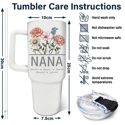 Nana Grandma Mom Birth Flowers - 40oz Tumbler With Straw, Insulated, Durable Stainless Steel, Ideal Gift For Women, Mother's Day, Anniversaries, Birthdays