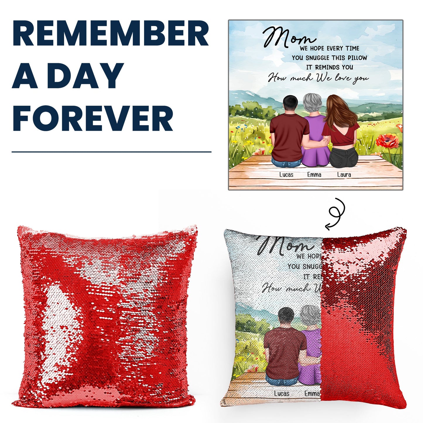 mom gift we hope every time you snuggle this pillow - sequin cushion with soft plush back, personalised decorative pillow for mother's day, home decor, 3 sizes available