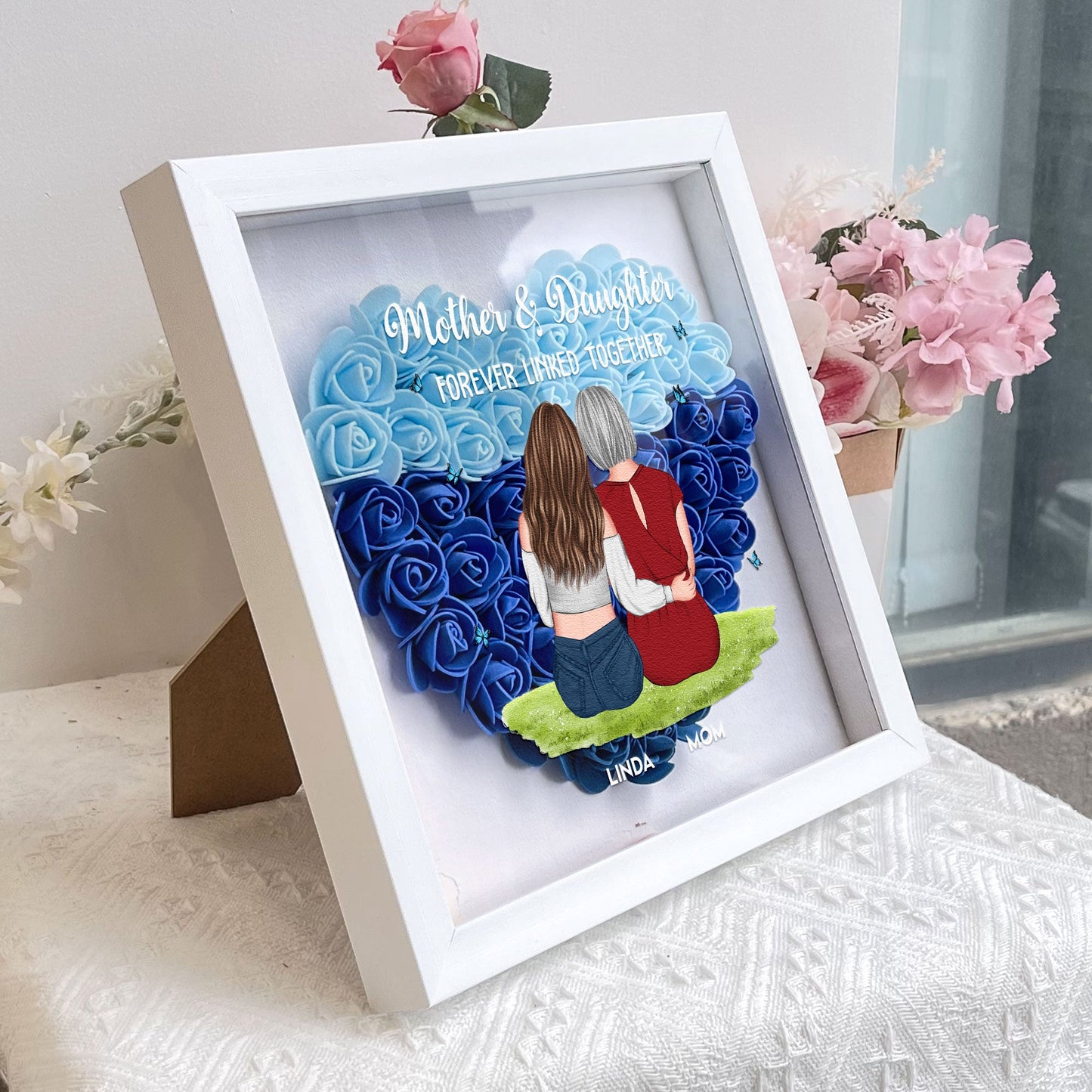 mother & daughter forever linked together - flower shadow box keepsake decor
