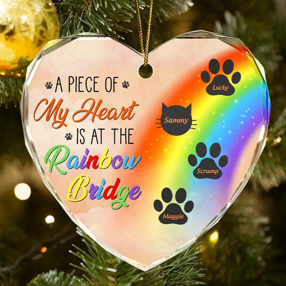 memorial dog cat heart shaped glass ornament - a piece of my heart is at the rainbow bridge keepsake for pet lovers