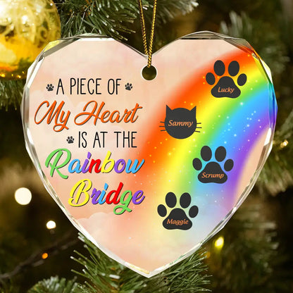 Memorial Dog Cat Heart Shaped Glass Ornament - A Piece Of My Heart Is At The Rainbow Bridge Keepsake For Pet Lovers