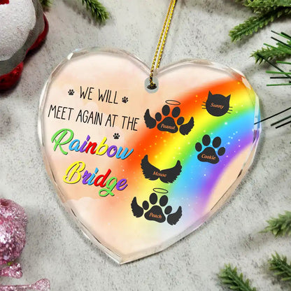Memorial Dog Cat Heart Shaped Glass Ornament - A Piece Of My Heart Is At The Rainbow Bridge Keepsake For Pet Lovers