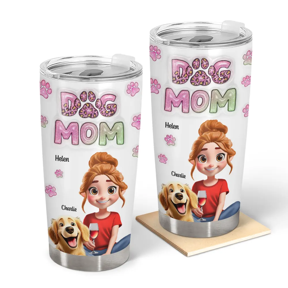 dog mom 3d effect - personalized tumbler for dog lovers, stainless steel travel mug, 20oz insulated drinkware for home, office, and outdoor use