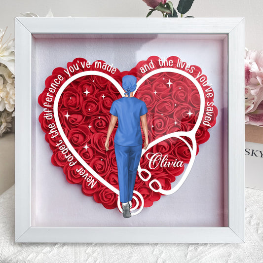 Never Forget The Difference You've Made - Flower Shadow Box for Nurses and Doctors, Heart-Shaped Keepsake Display with PE Foam Flowers, Eco-friendly MDF Frame