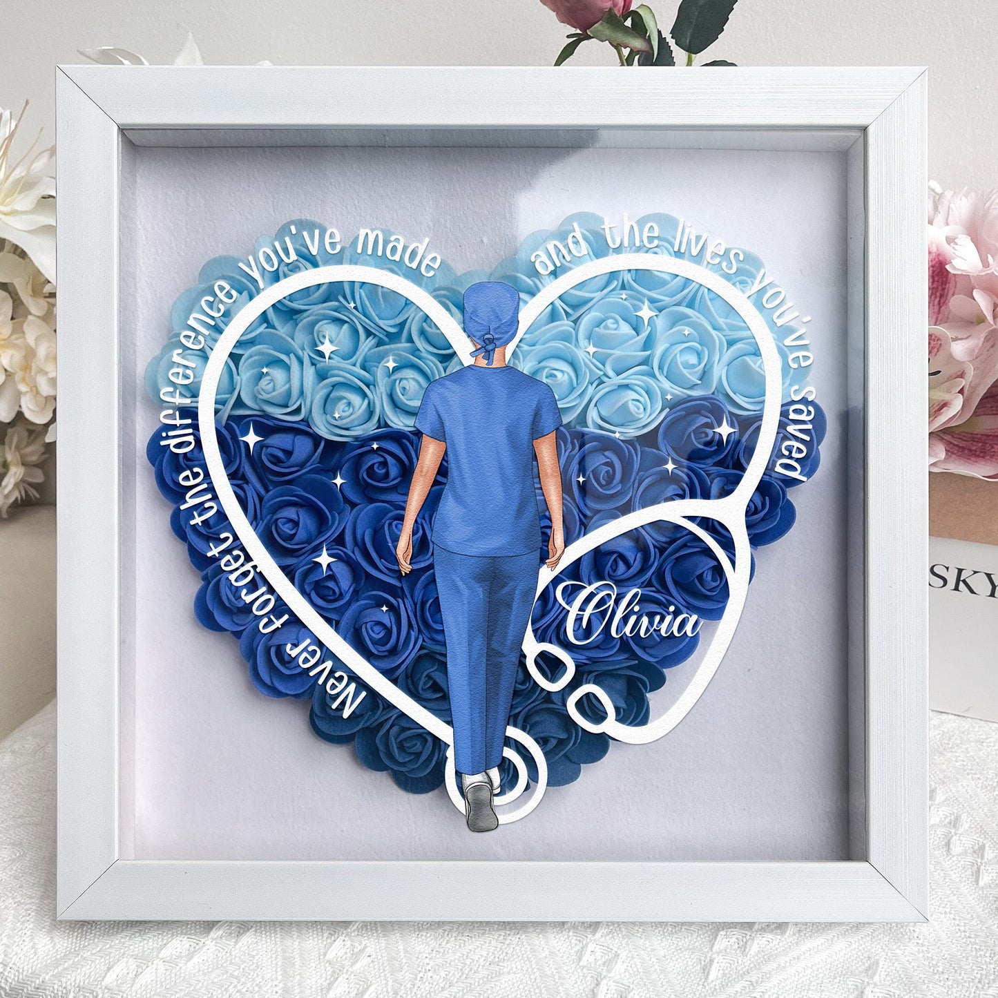 never forget the difference you've made - flower shadow box for nurses and doctors, heart-shaped keepsake display with pe foam flowers, eco-friendly mdf frame