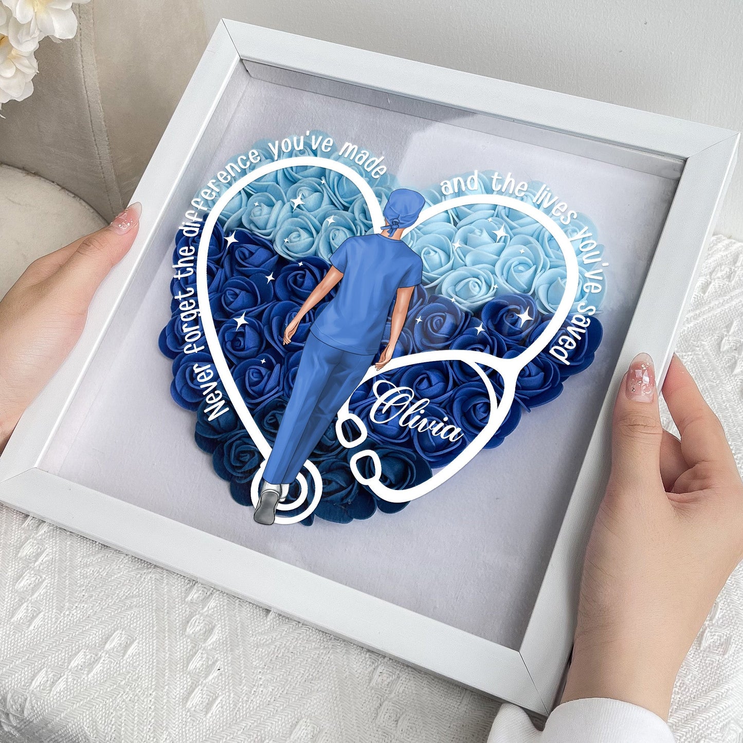 never forget the difference you've made - flower shadow box for nurses and doctors, heart-shaped keepsake display with pe foam flowers, eco-friendly mdf frame