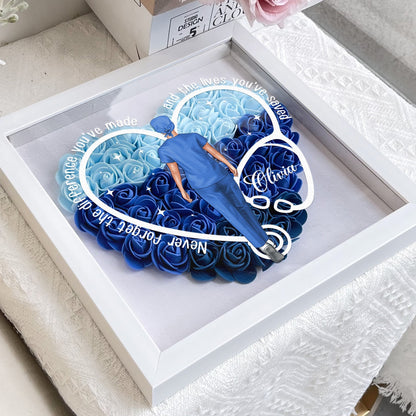 Never Forget The Difference You've Made - Flower Shadow Box for Nurses and Doctors, Heart-Shaped Keepsake Display with PE Foam Flowers, Eco-friendly MDF Frame