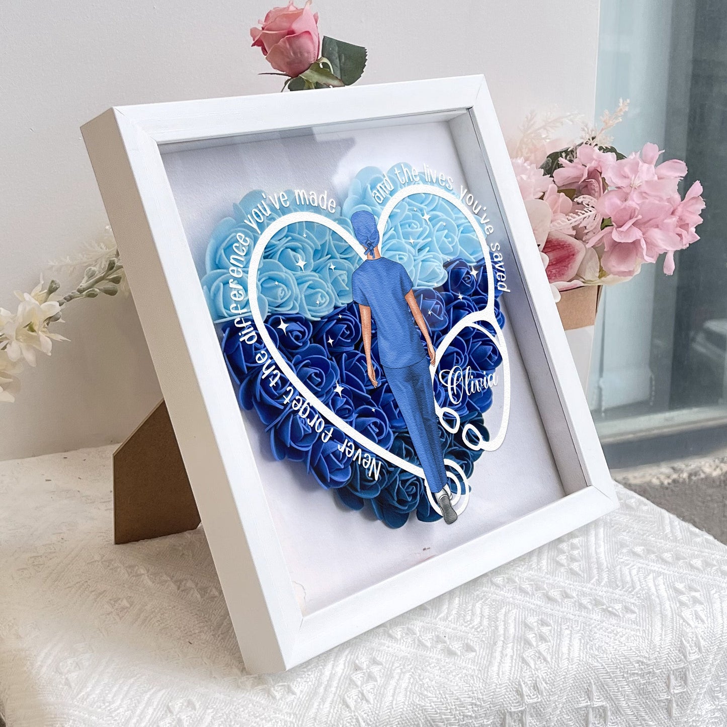 never forget the difference you've made - flower shadow box for nurses and doctors, heart-shaped keepsake display with pe foam flowers, eco-friendly mdf frame