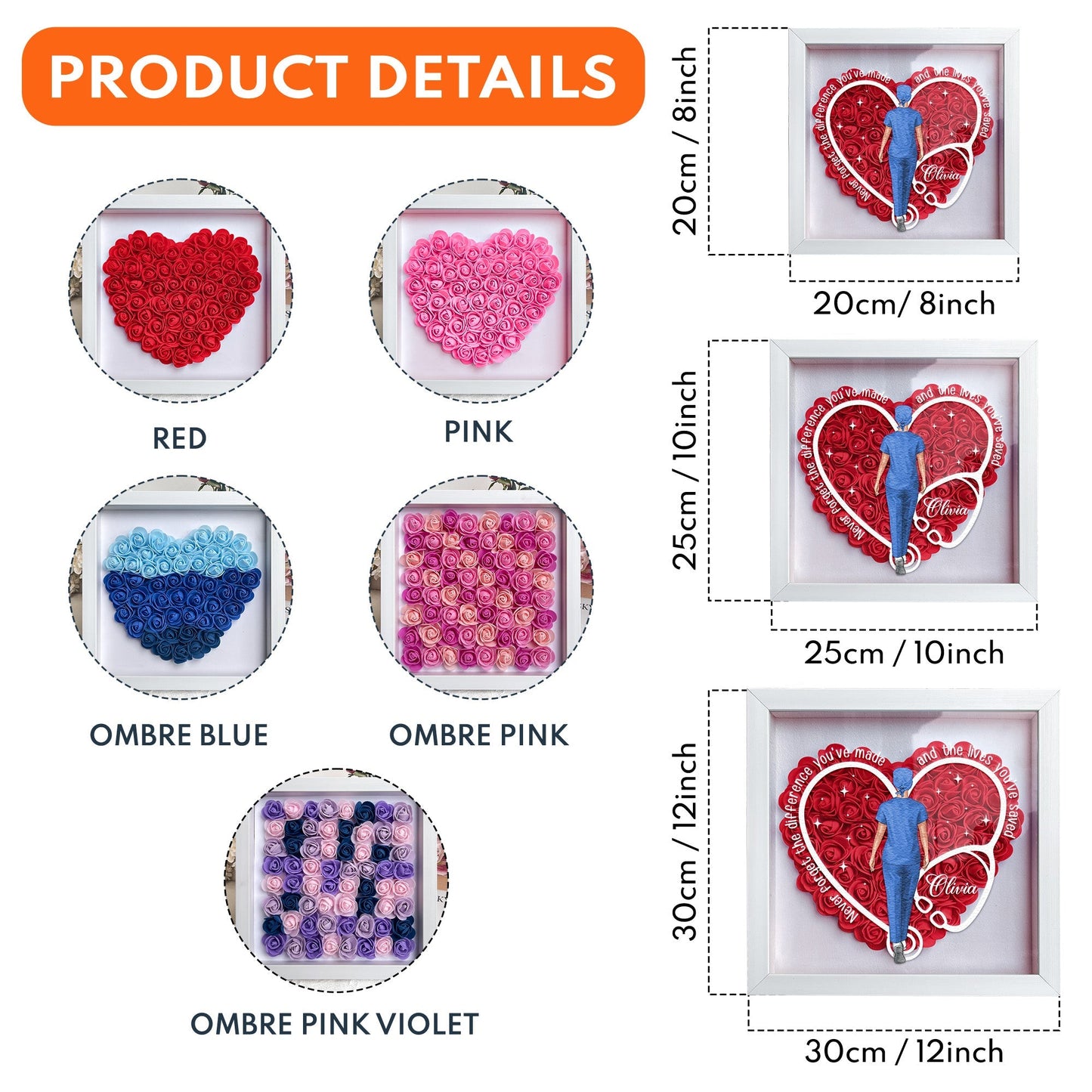 never forget the difference you've made - flower shadow box for nurses and doctors, heart-shaped keepsake display with pe foam flowers, eco-friendly mdf frame