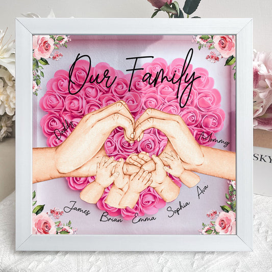 Our Family Hands - Personalized Flower Shadow Box Art Display for Home Decor, Eco-Friendly MDF Frame, Unique Gift for Housewarming, Weddings or Family Celebrations