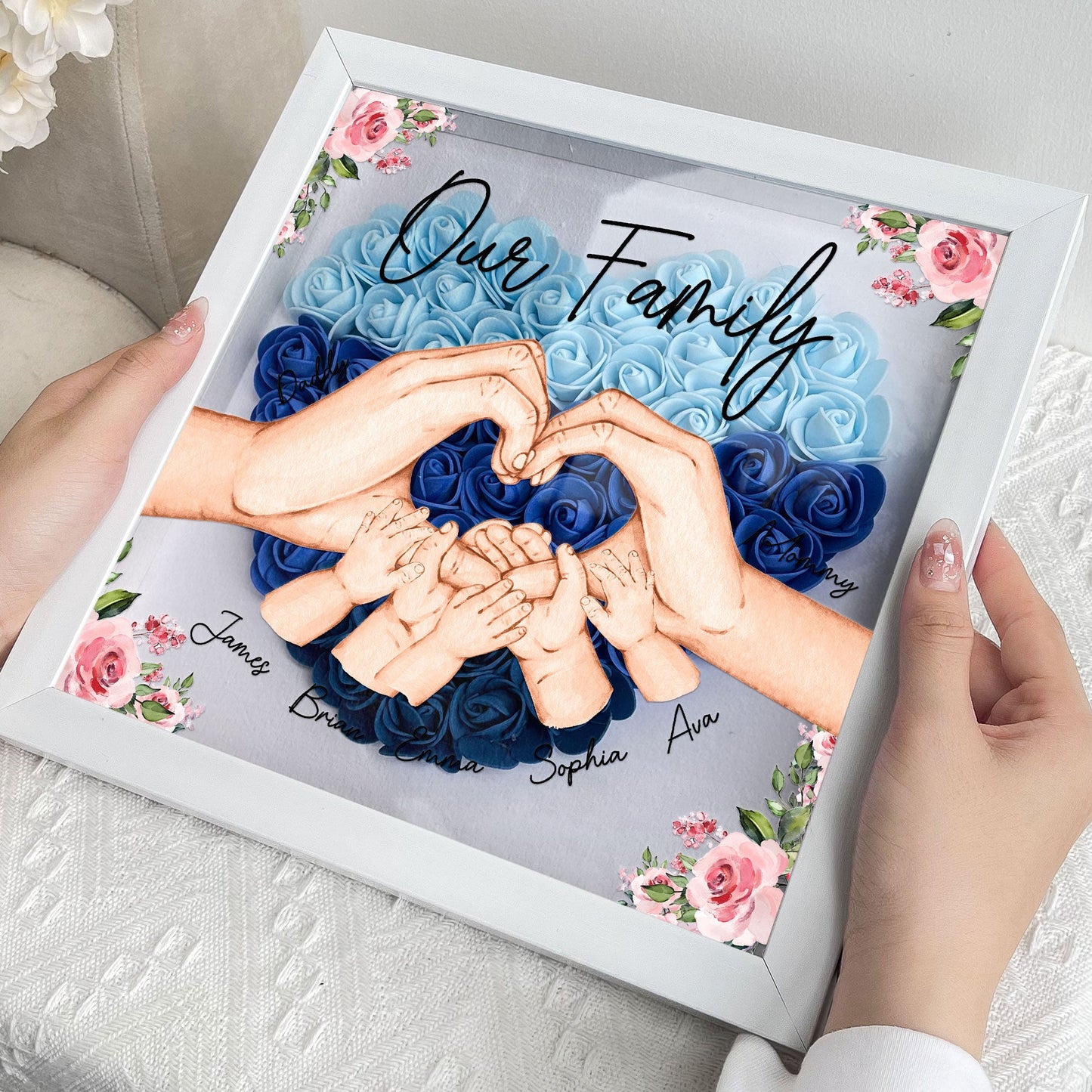our family hands - personalized flower shadow box art display for home decor, eco-friendly mdf frame, unique gift for housewarming, weddings or family celebrations